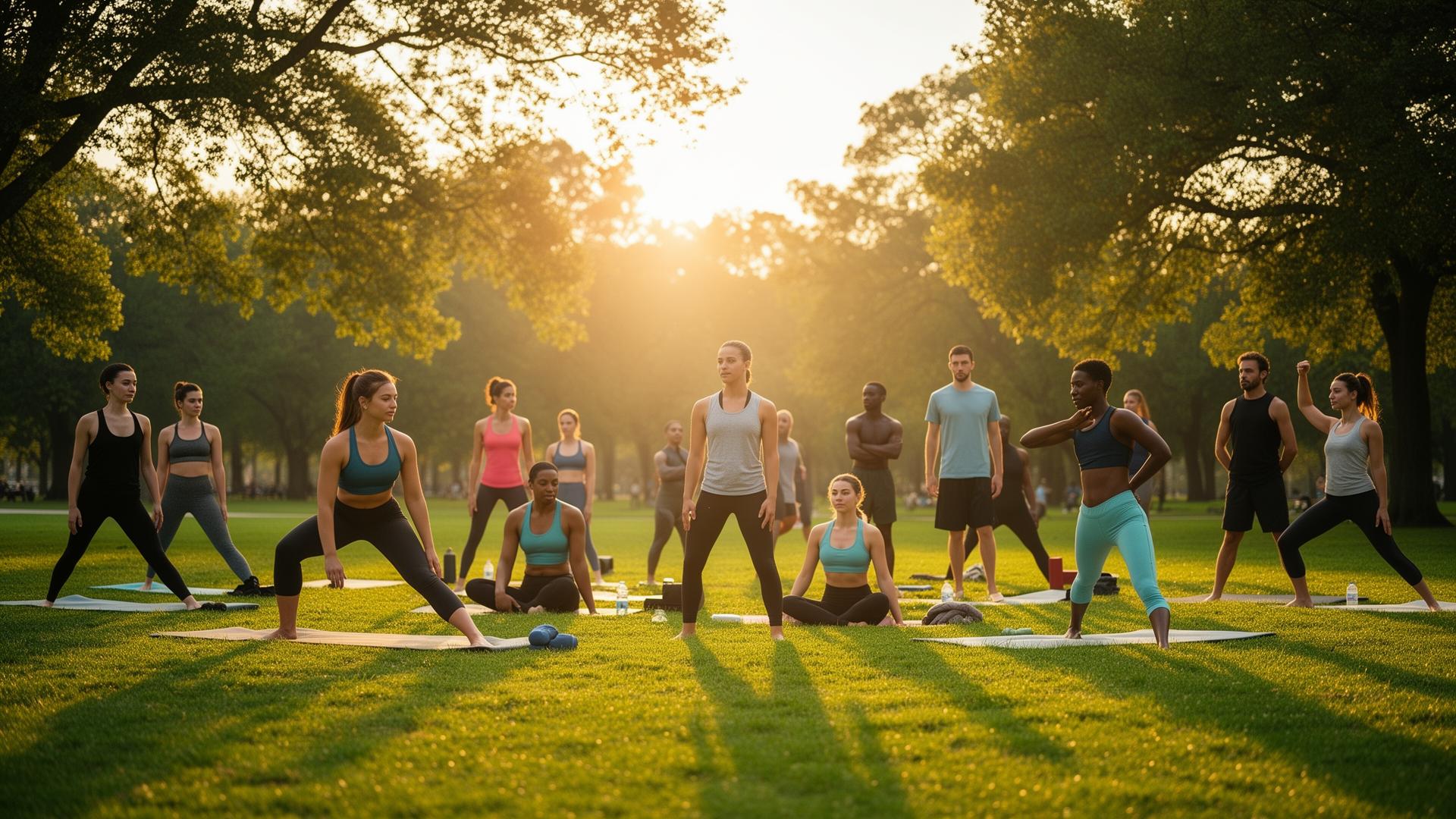 People doing a sunrise outdoor fitness and wellness session